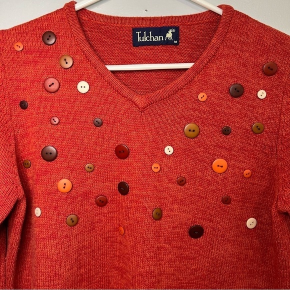 Tulchan Cotton V Neck Sweater Orange Sz M Buttons Teacher Artsy Student Retro - Picture 4 of 11